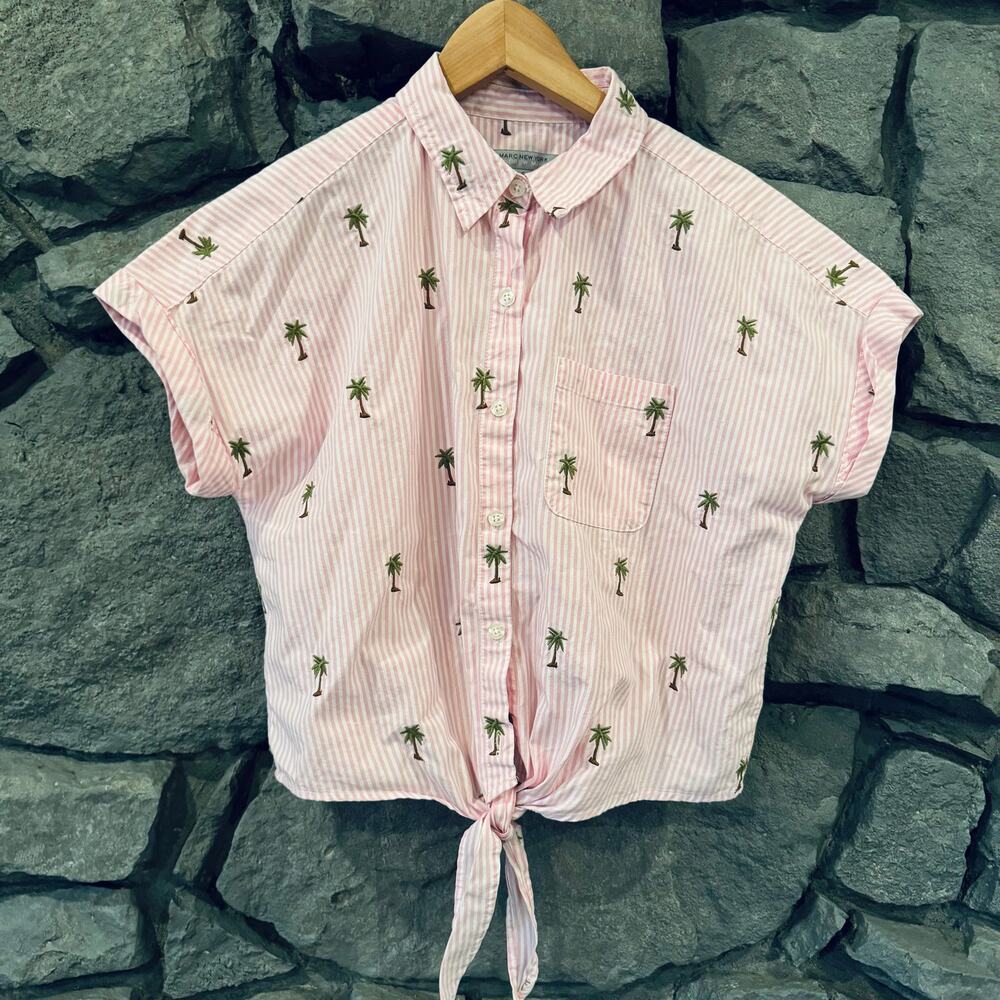 Marc New York Pink Stripe Button Down Tie Palm Tree Shirt Womens S
